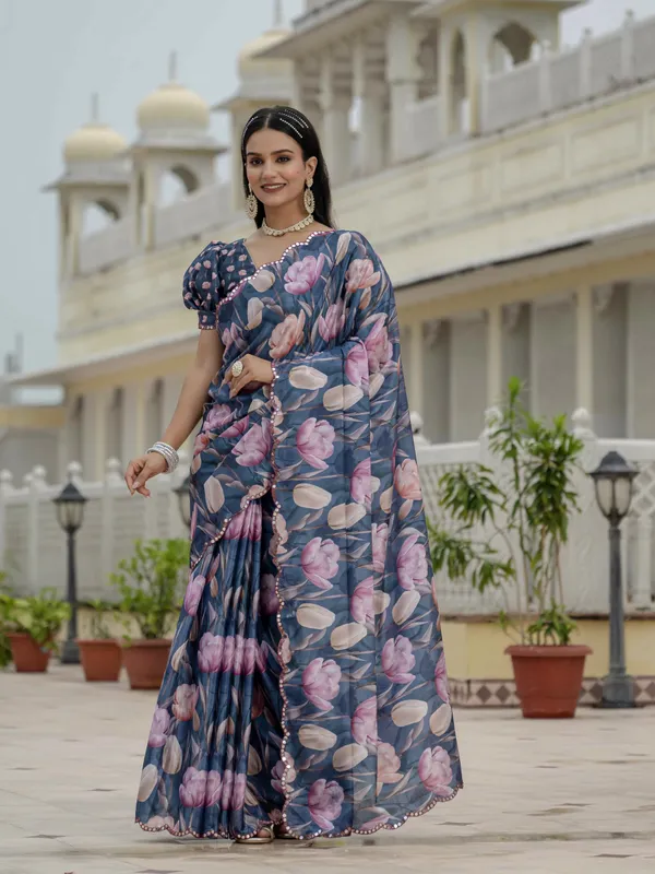 Midnight Blue Floral Heavy Chinnon Ready to Wear Saree