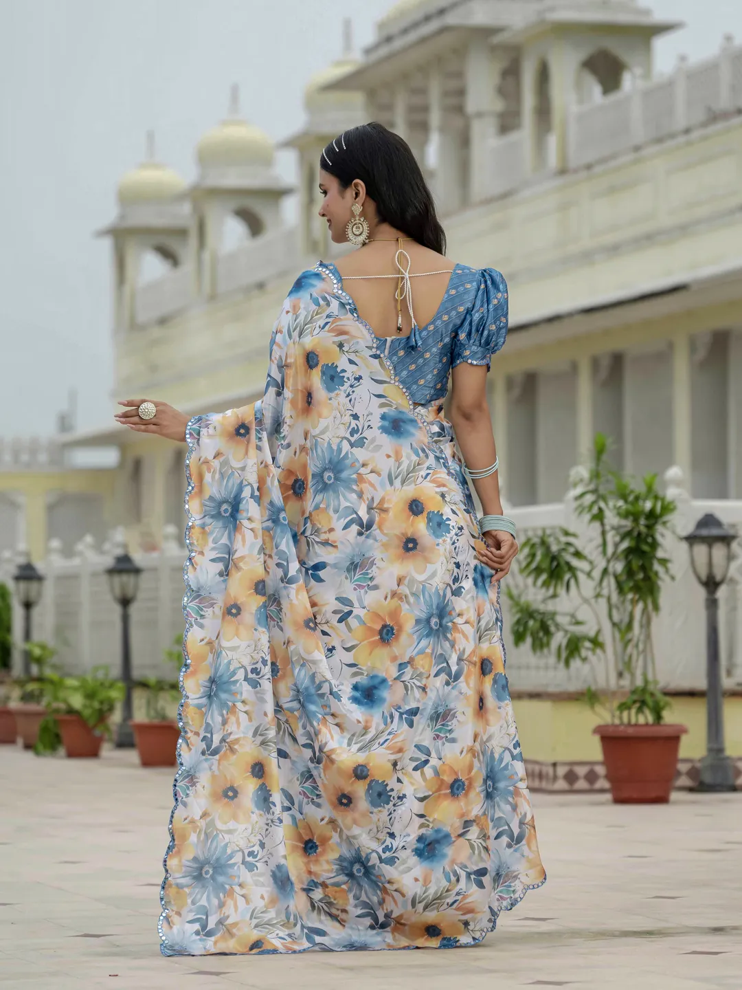 Blue Floral Print Ready To Wear Chinnon Saree With Blouse