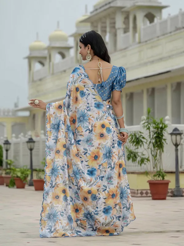 Blue Floral Print Ready To Wear Chinnon Saree With Blouse