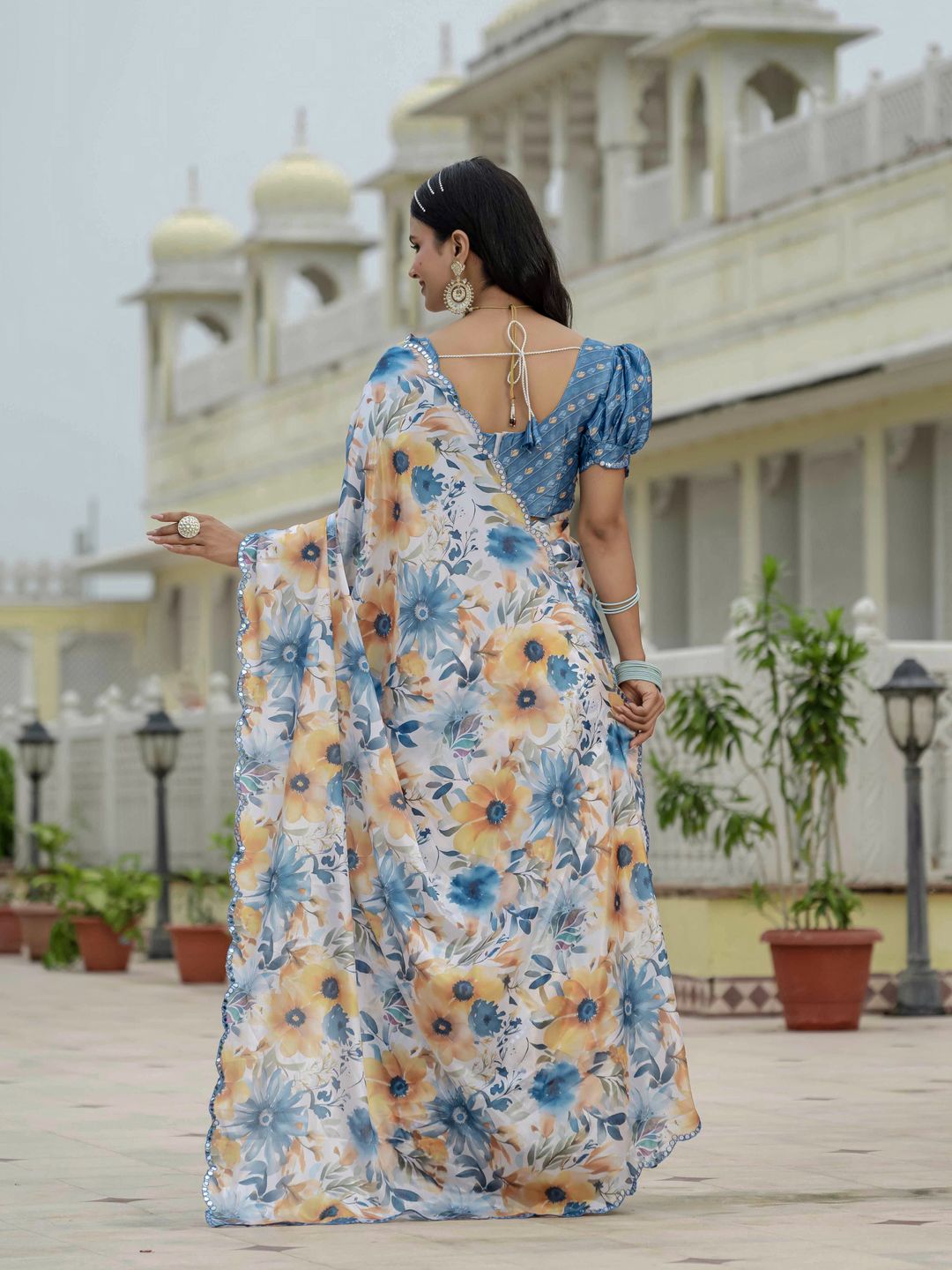 Blue Floral Print Ready To Wear Chinnon Saree With Blouse