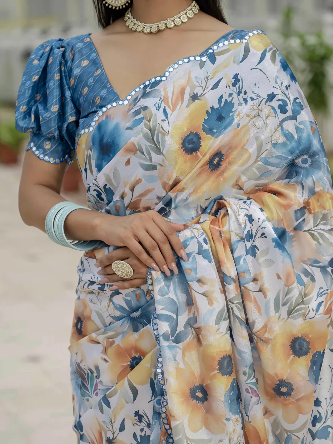 Blue Floral Print Ready To Wear Chinnon Saree With Blouse