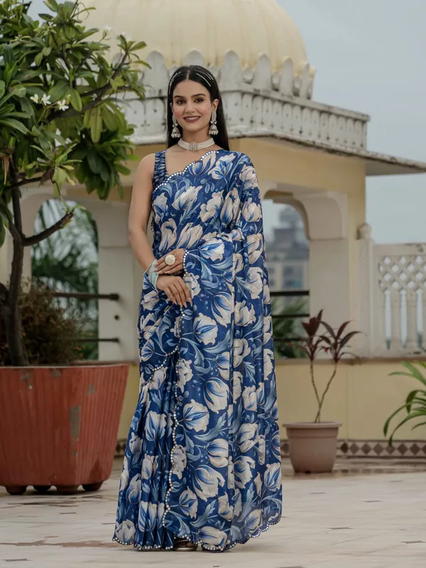 Royal Blue Floral Chinnon Ready Made Saree With Blouse