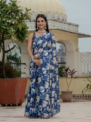 Royal Blue Floral Chinnon Ready Made Saree With Blouse