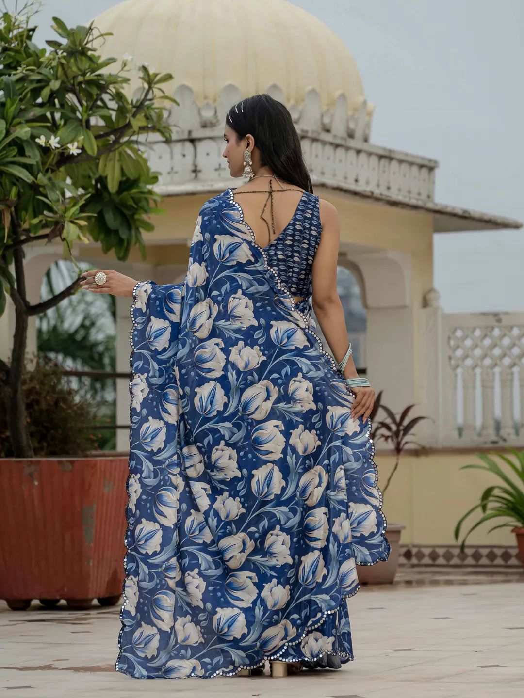 Royal Blue Floral Chinnon Ready Made Saree With Blouse
