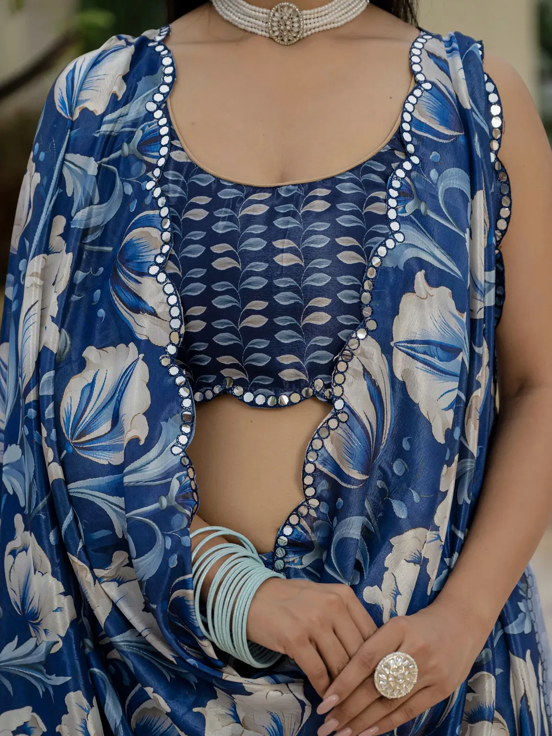 Royal Blue Floral Chinnon Ready Made Saree With Blouse