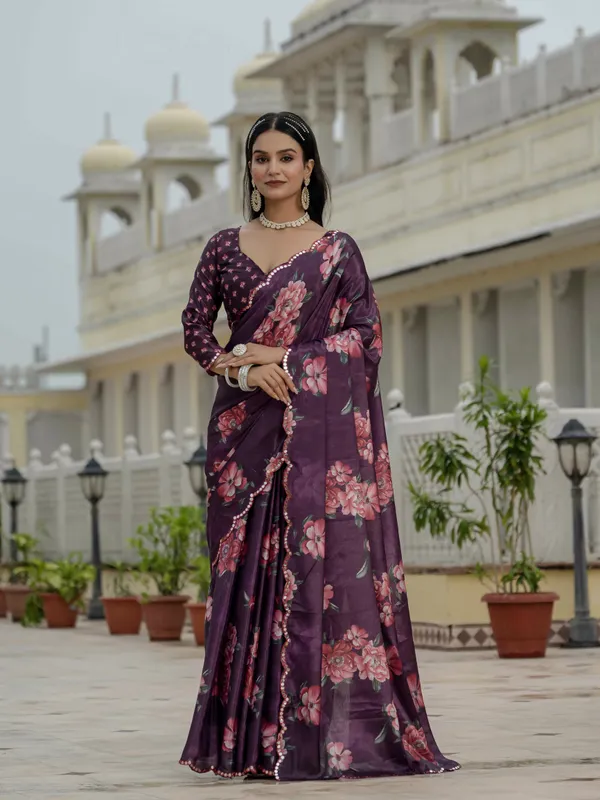 Plum Floral Chinnon Ready To Wear Saree With Blouse Varnavi