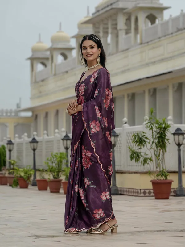 Plum Floral Chinnon Ready To Wear Saree With Blouse Varnavi