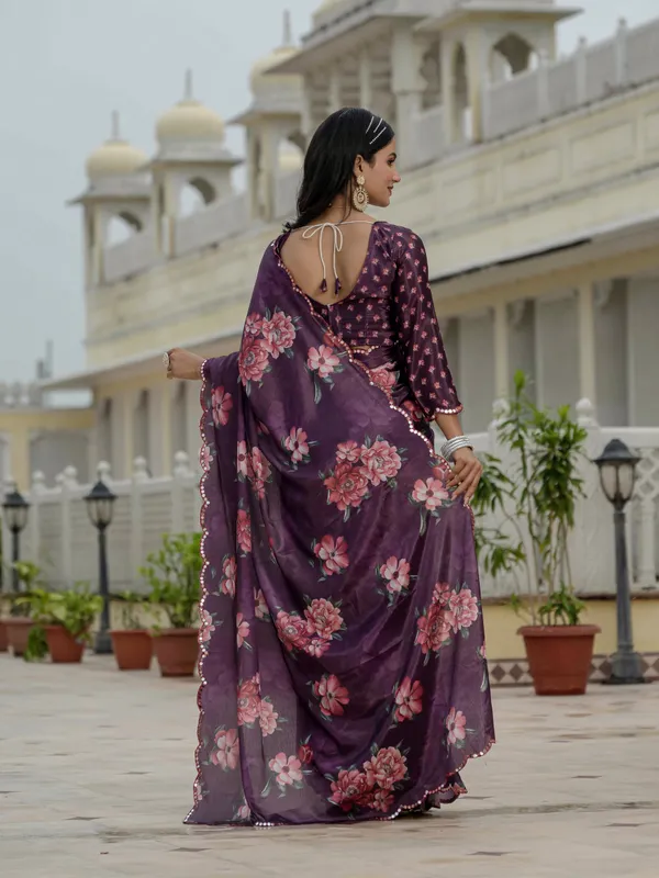 Plum Floral Chinnon Ready To Wear Saree With Blouse Varnavi