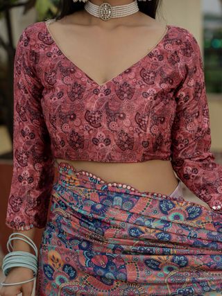 Coral Floral Paisley Chinnon Ready To Wear Saree by Varnavi