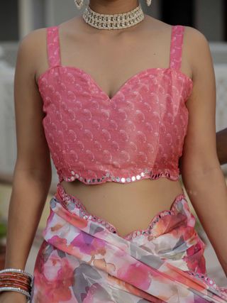 Pink Floral Chinnon Ready To Wear Saree With Lace | Varnavi