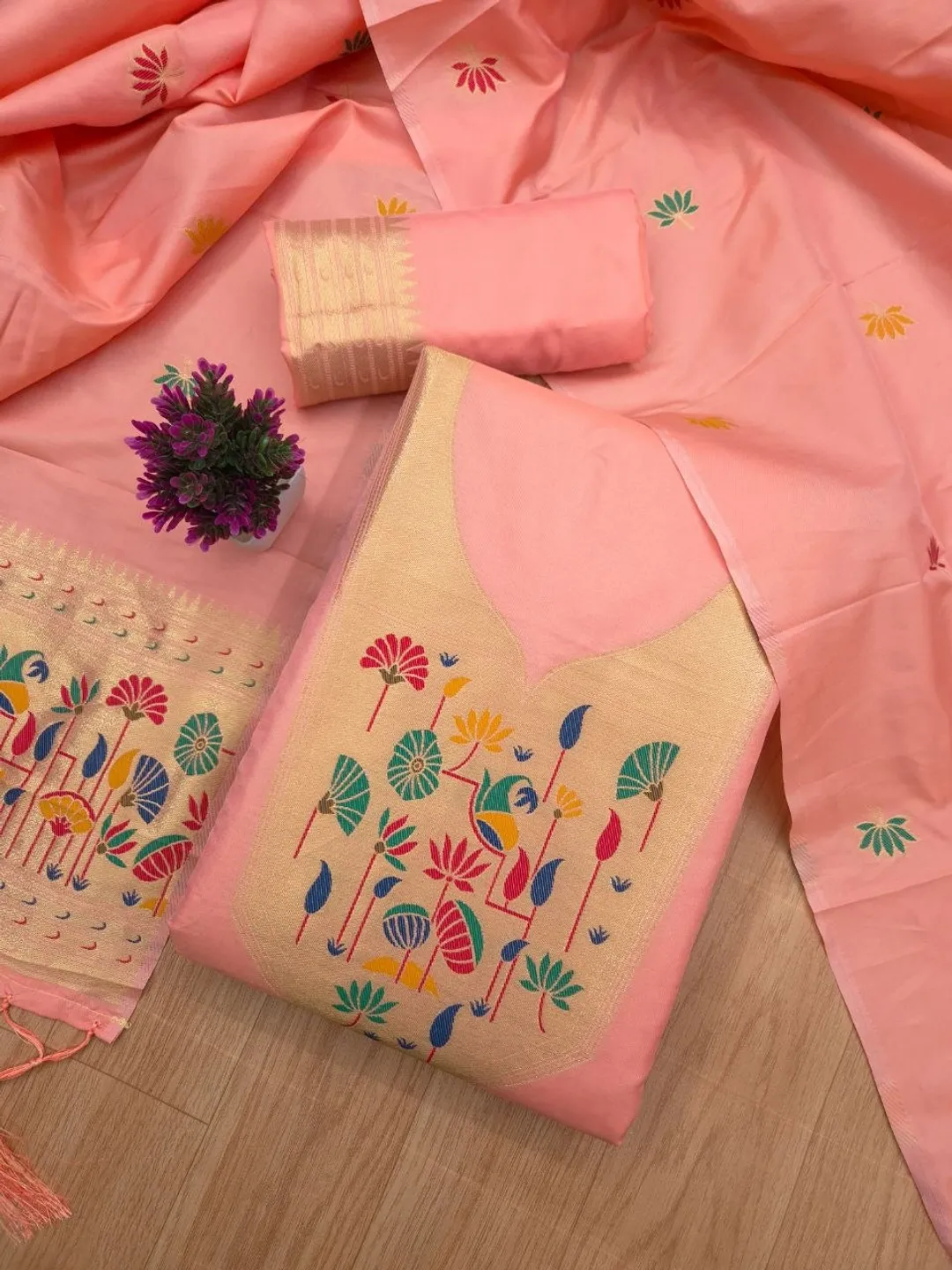 Peach Paithani Style Zari Weave Unstitched Suit
