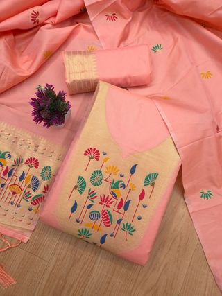 Peach Paithani Style Zari Weave Unstitched Suit