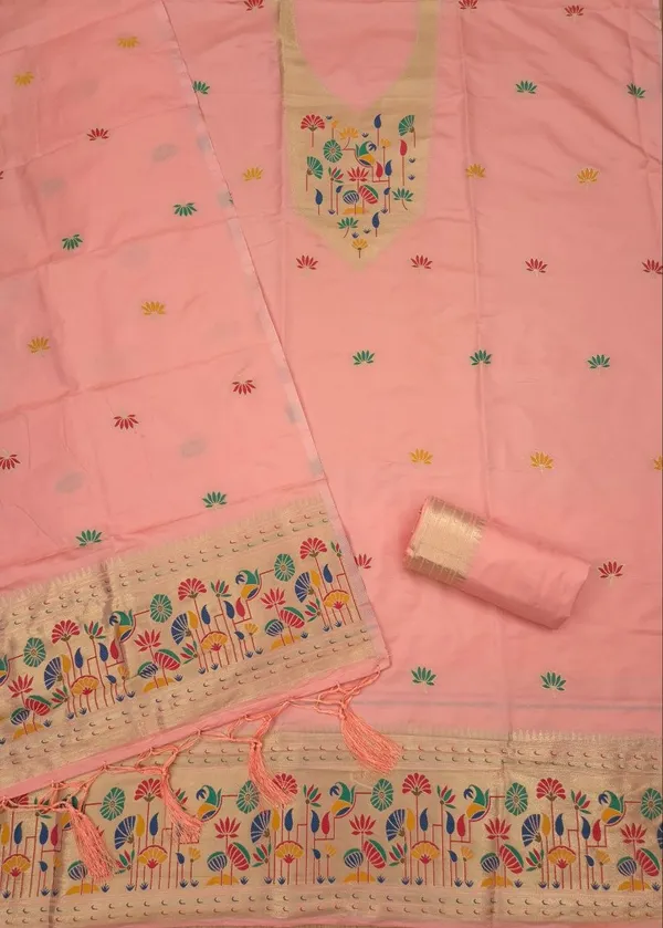 Peach Paithani Style Zari Weave Unstitched Suit