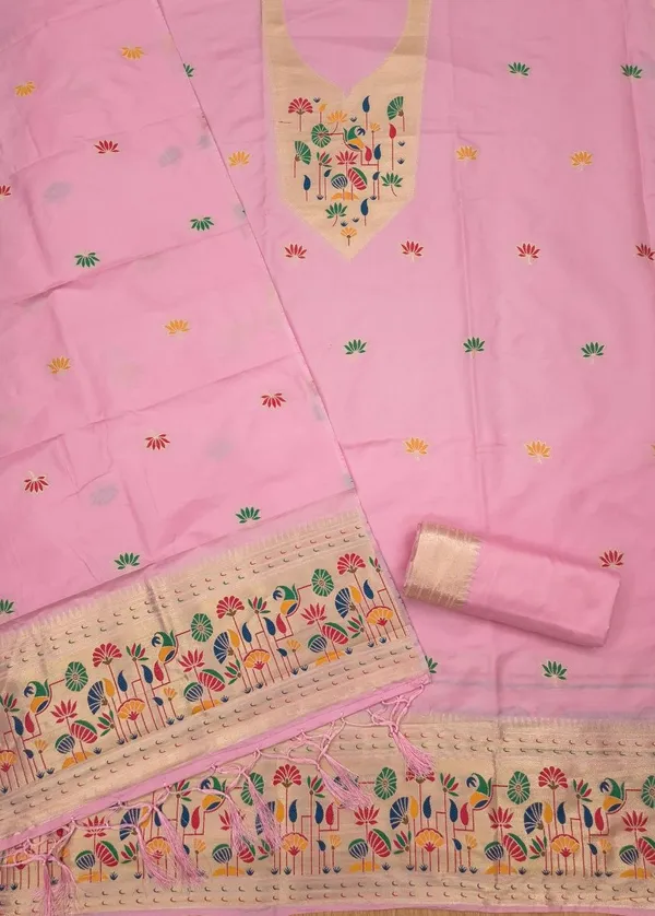 Pink Paithani Style Zari Motif Unstitched Suit Material