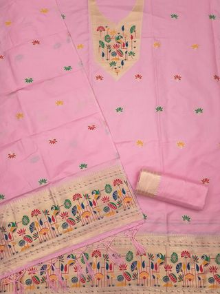 Pink Paithani Style Zari Motif Unstitched Suit Material