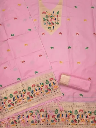Pink Paithani Style Zari Motif Unstitched Suit Material