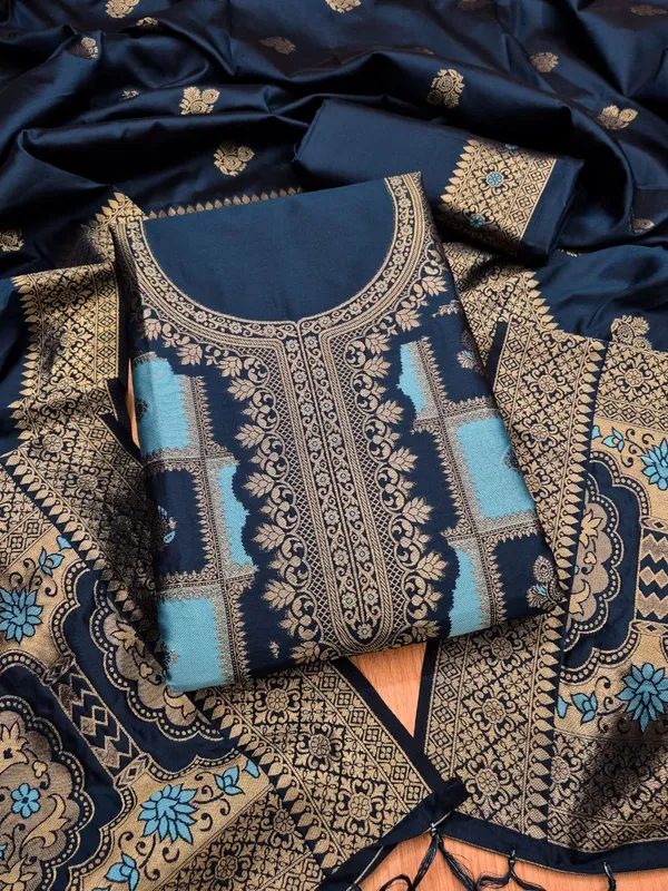 Navy Blue Paithani Style Zari Woven Unstitched Suit