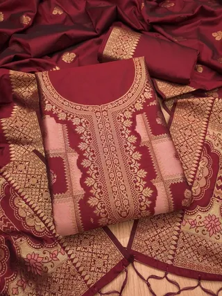 Maroon Paithani Style Zari Woven Unstitched Suit Material