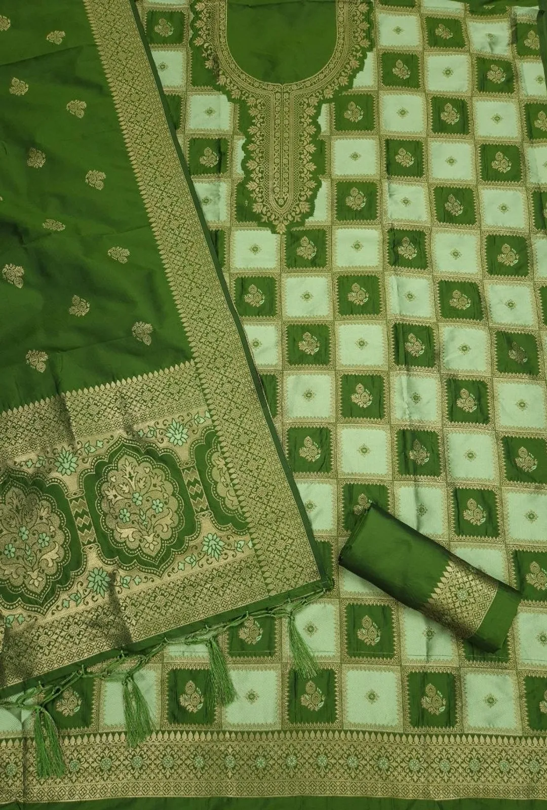Green Paithani Style Zari Woven Unstitched Suit Material