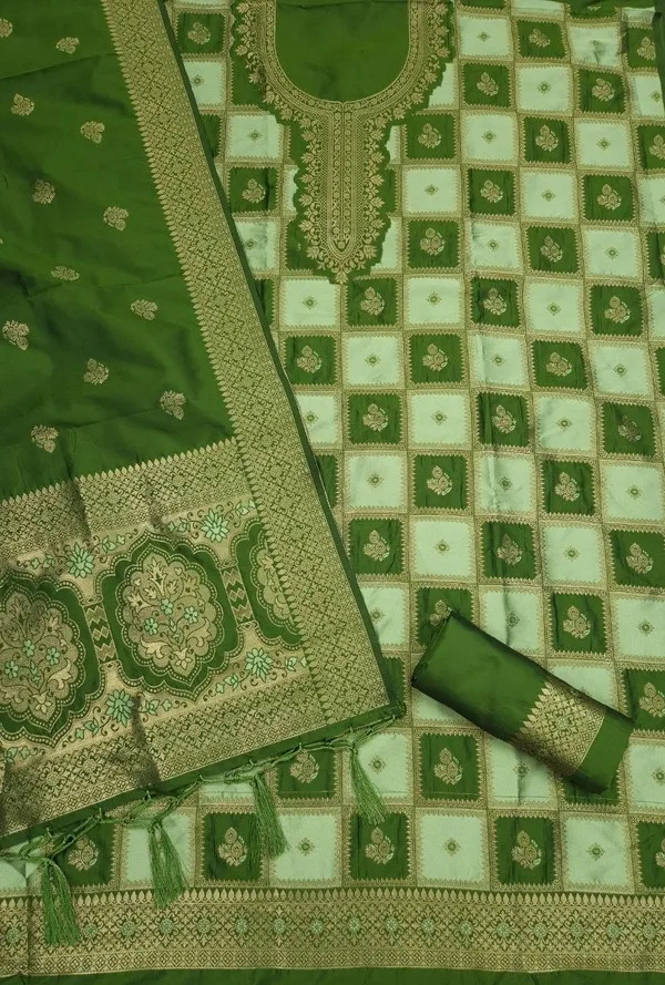 Green Paithani Style Zari Woven Unstitched Suit Material