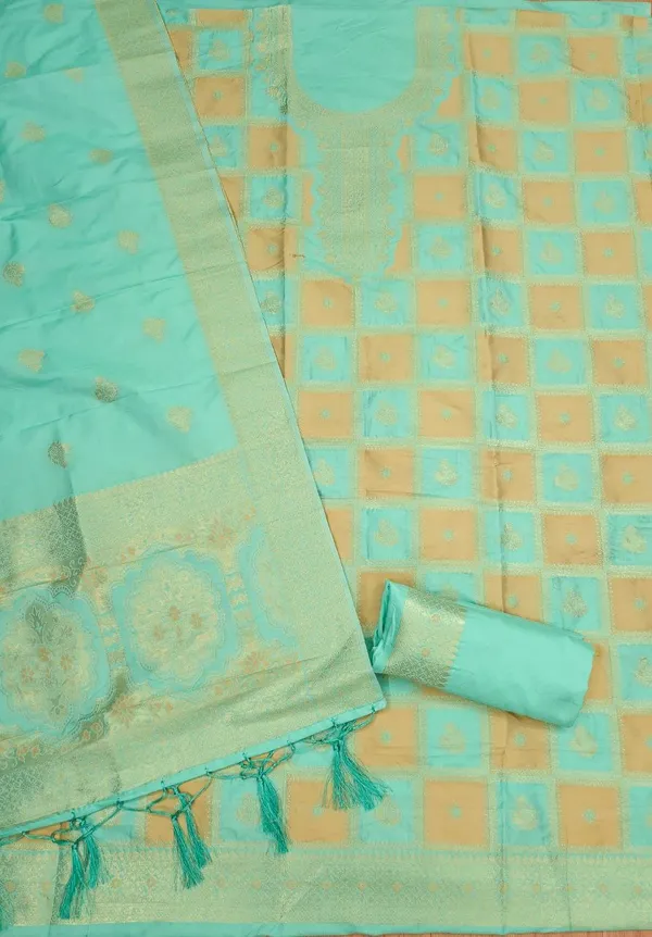 Mint Green Paithani Style Zari Woven Unstitched Suit Material