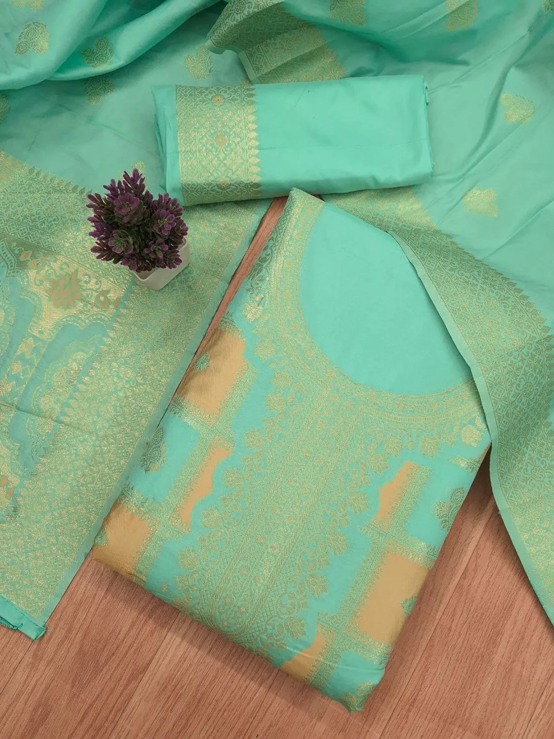Mint Green Paithani Style Zari Woven Unstitched Suit Material