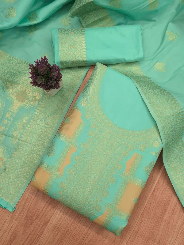 Mint Green Paithani Style Zari Woven Unstitched Suit Material