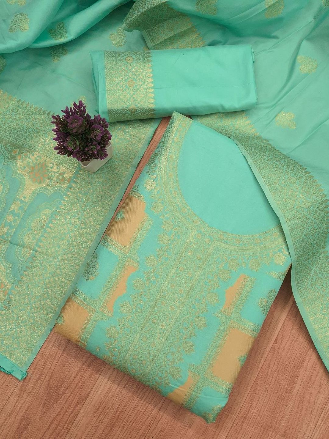 Mint Green Paithani Style Zari Woven Unstitched Suit Material