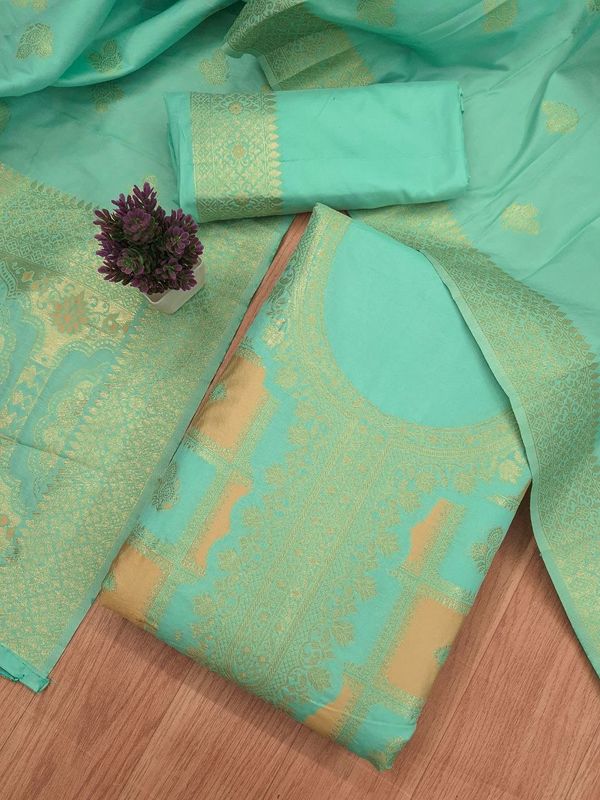 Mint Green Paithani Style Zari Woven Unstitched Suit Material