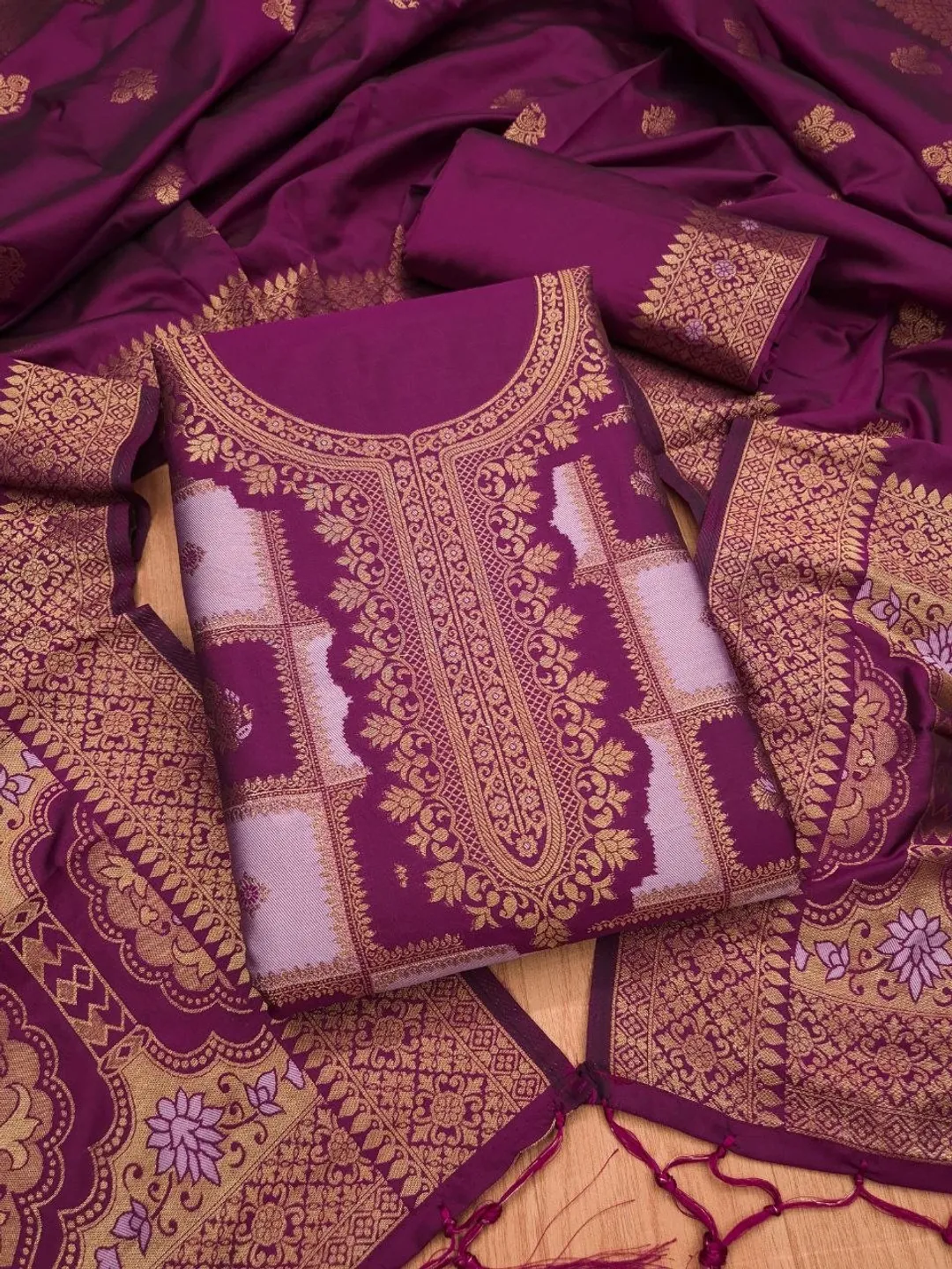 Royal Purple Paithani Style Zari Woven Unstitched Suit Material