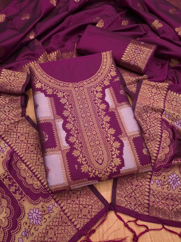 Royal Purple Paithani Style Zari Woven Unstitched Suit Material