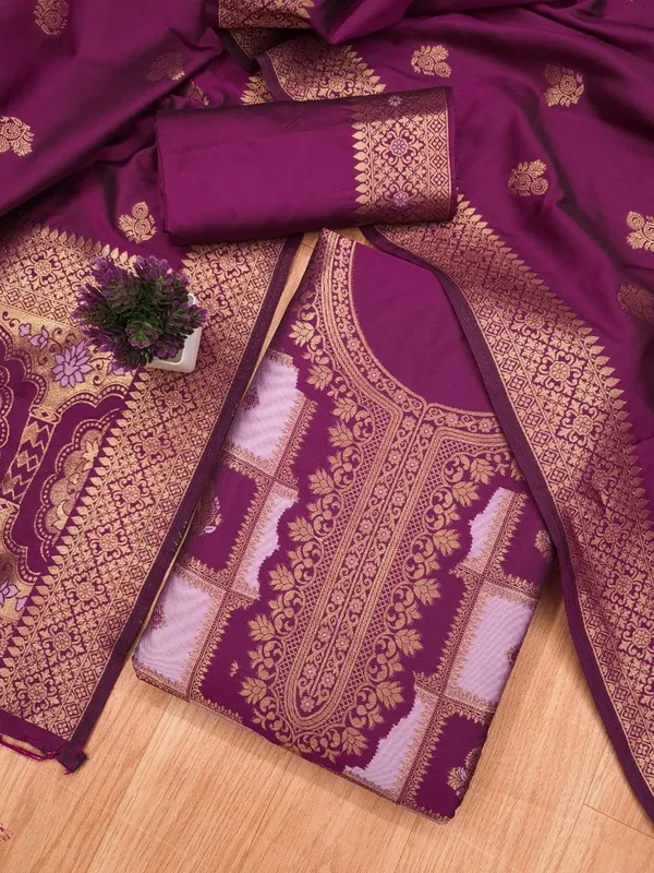 Royal Purple Paithani Style Zari Woven Unstitched Suit Material
