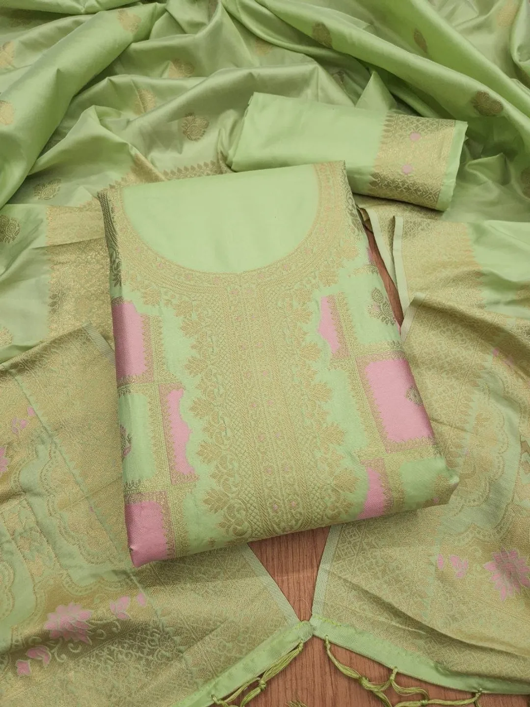 Pistachio Green Paithani Style Zari Woven Unstitched Suit Material