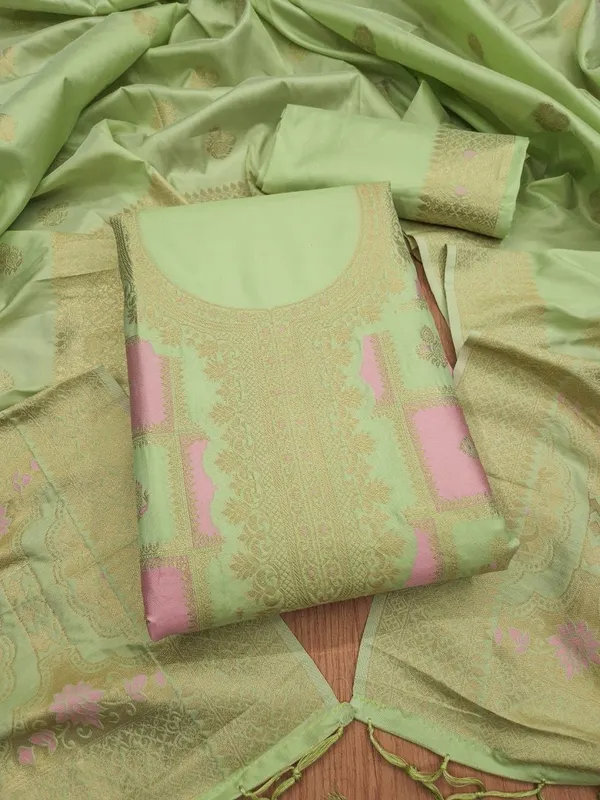 Pistachio Green Paithani Style Zari Woven Unstitched Suit Material