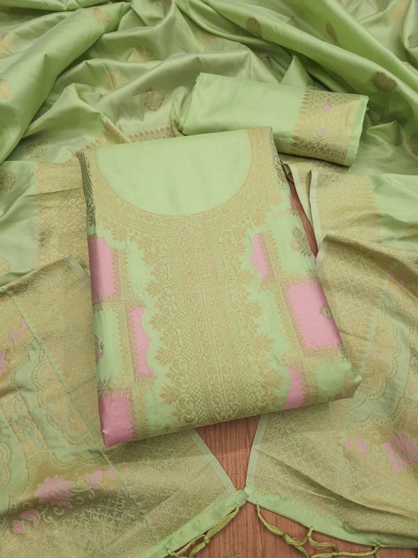 Pistachio Green Paithani Style Zari Woven Unstitched Suit Material