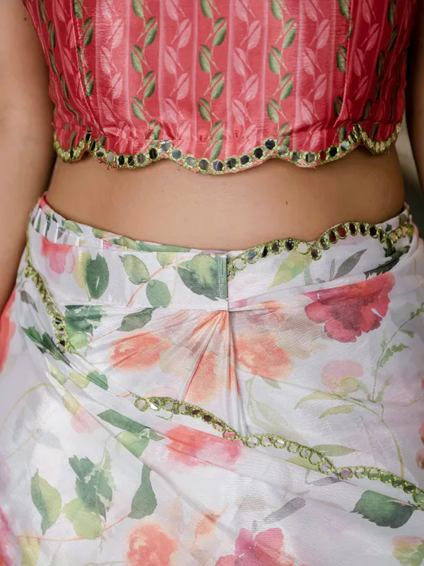 Coral Pink Floral Print Ready To Wear Chinnon Saree