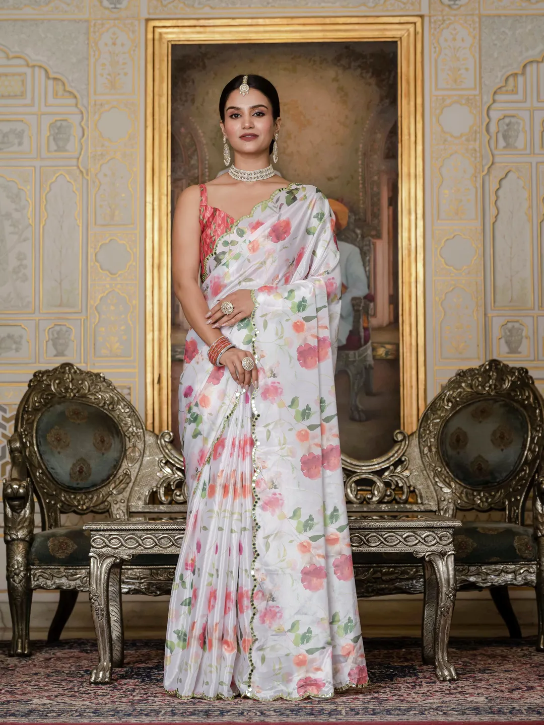 Coral Pink Floral Print Ready To Wear Chinnon Saree