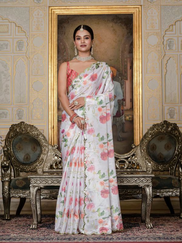 Coral Pink Floral Print Ready To Wear Chinnon Saree
