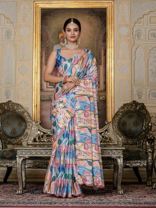 Multicolor Floral Print Ready To Wear Chinnon Saree