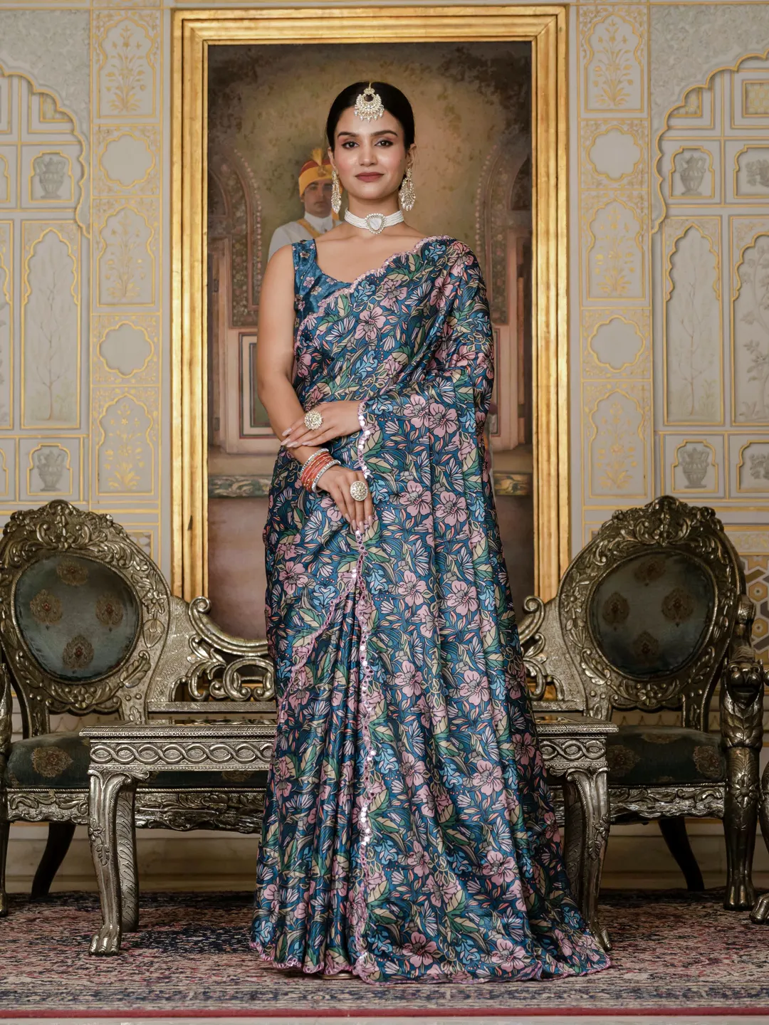 Blue Floral Chinnon Ready To Wear Saree with Mirror Lace