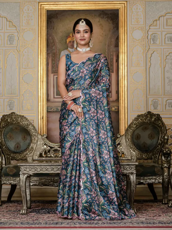 Blue Floral Chinnon Ready To Wear Saree with Mirror Lace