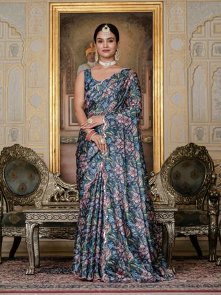 Blue Floral Chinnon Ready To Wear Saree with Mirror Lace