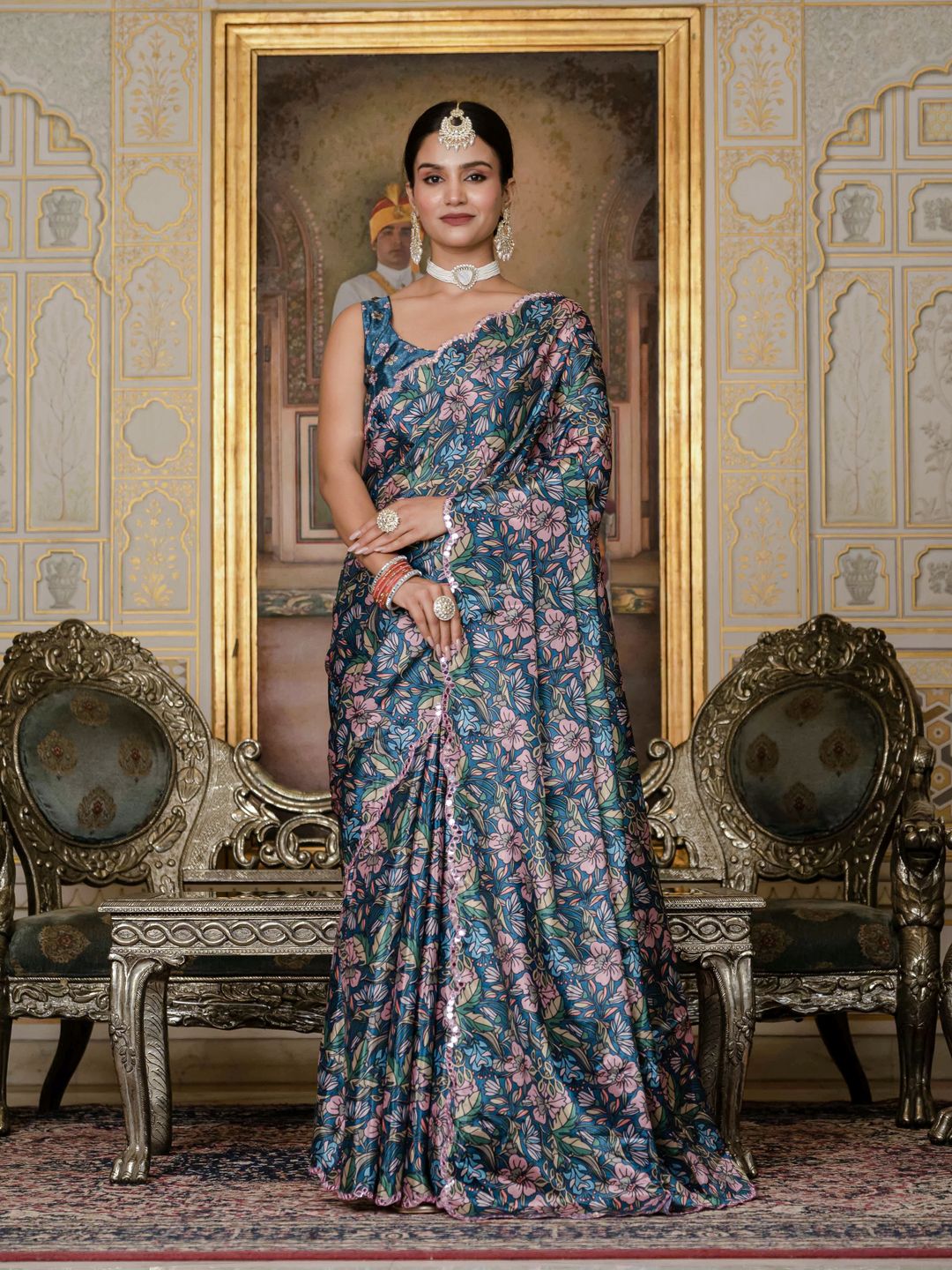 Blue Floral Chinnon Ready To Wear Saree with Mirror Lace