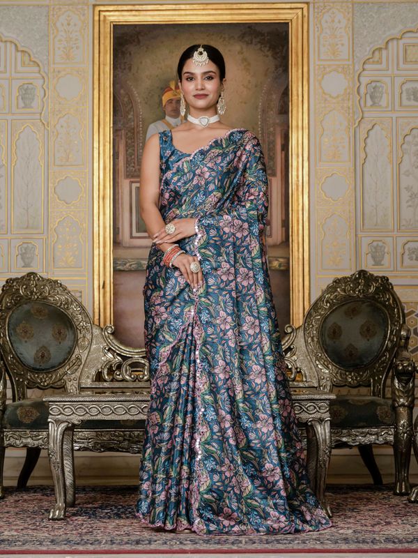 Blue Floral Chinnon Ready To Wear Saree with Mirror Lace