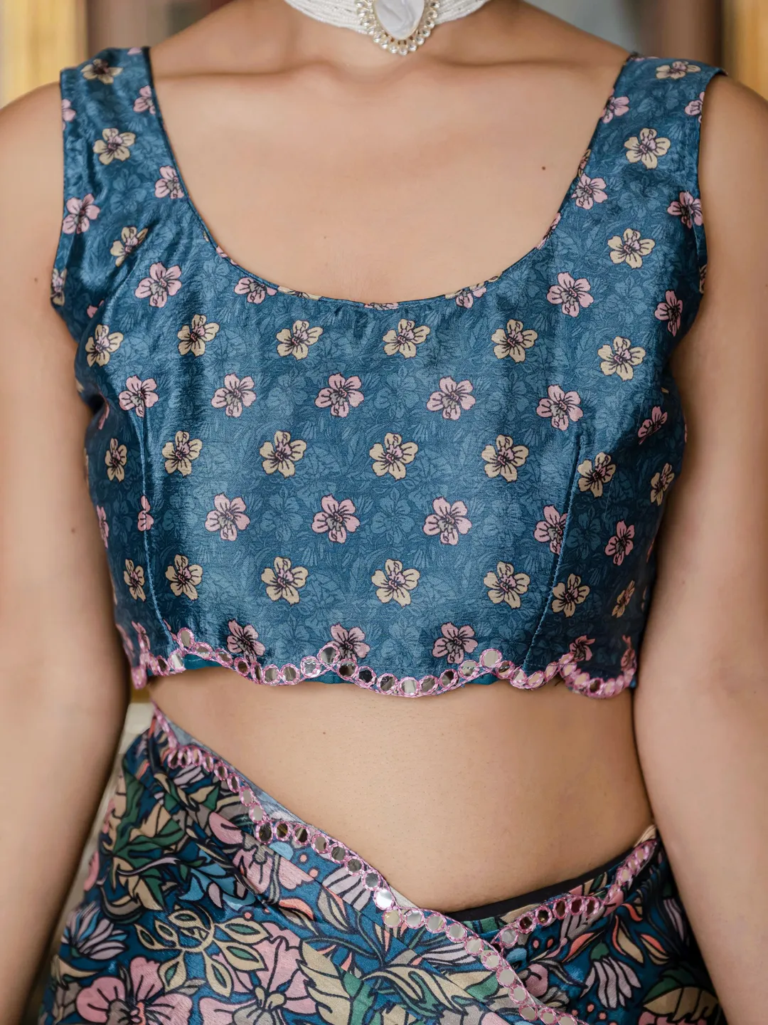 Blue Floral Chinnon Ready To Wear Saree with Mirror Lace