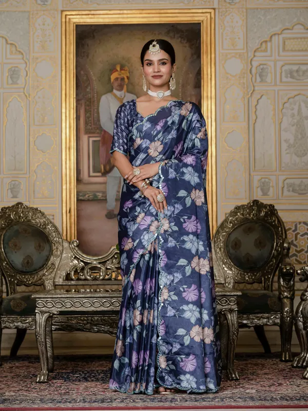 Navy Blue Floral Chinnon Ready To Wear Saree | Varnavi