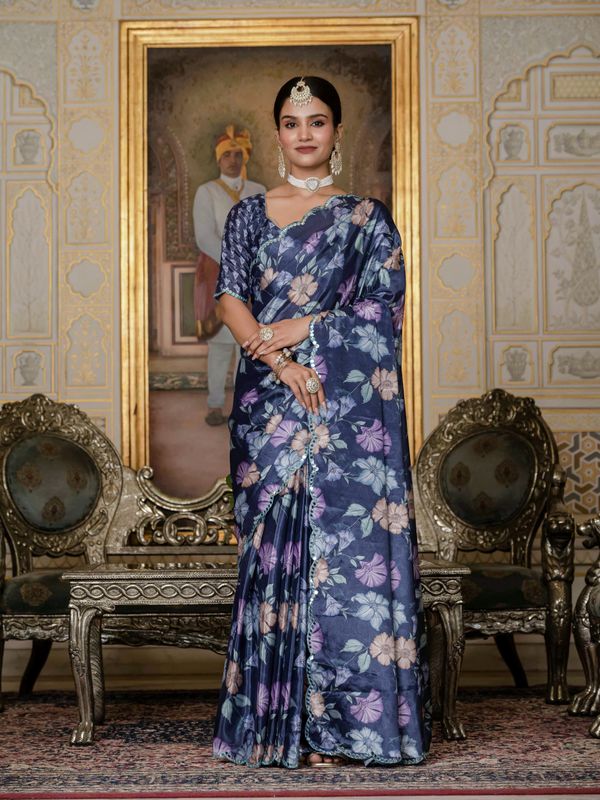 Navy Blue Floral Chinnon Ready To Wear Saree | Varnavi
