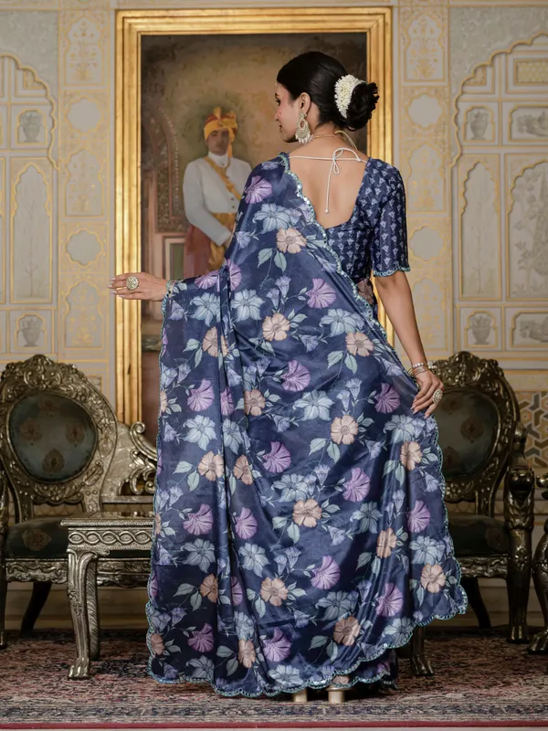 Navy Blue Floral Chinnon Ready To Wear Saree | Varnavi