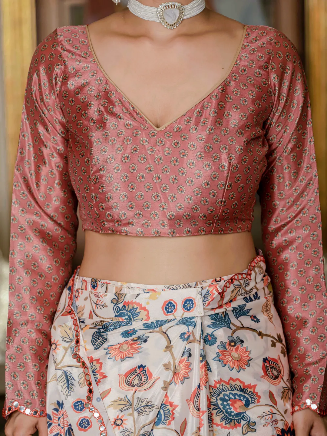 Ivory Floral Chinnon Ready To Wear Saree With Mirror Lace