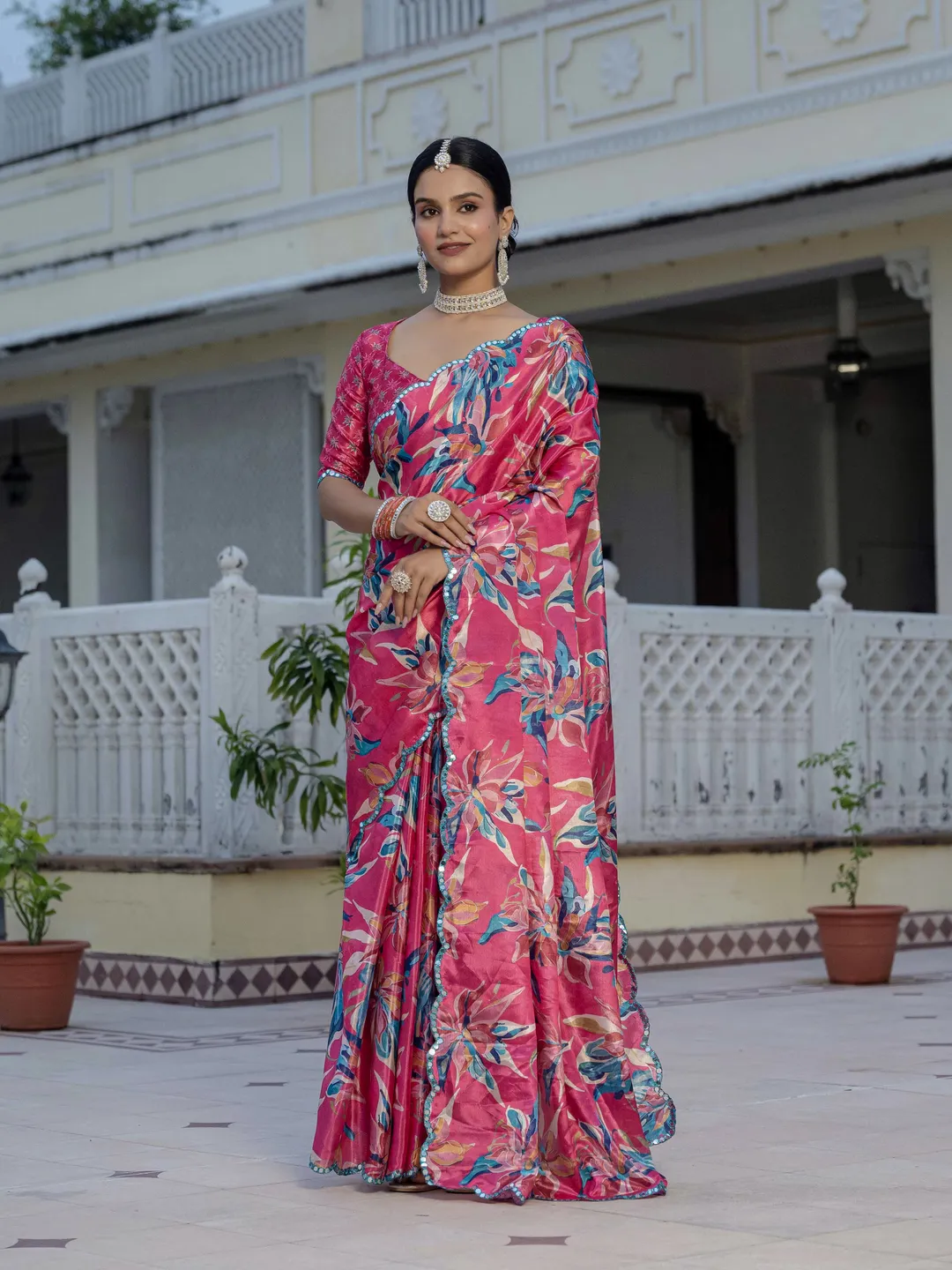 Pink Floral Chinnon Ready To Wear Saree With Mirror Lace